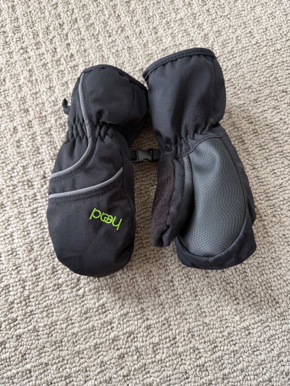 Head Black Kids Mittens with Green Logo